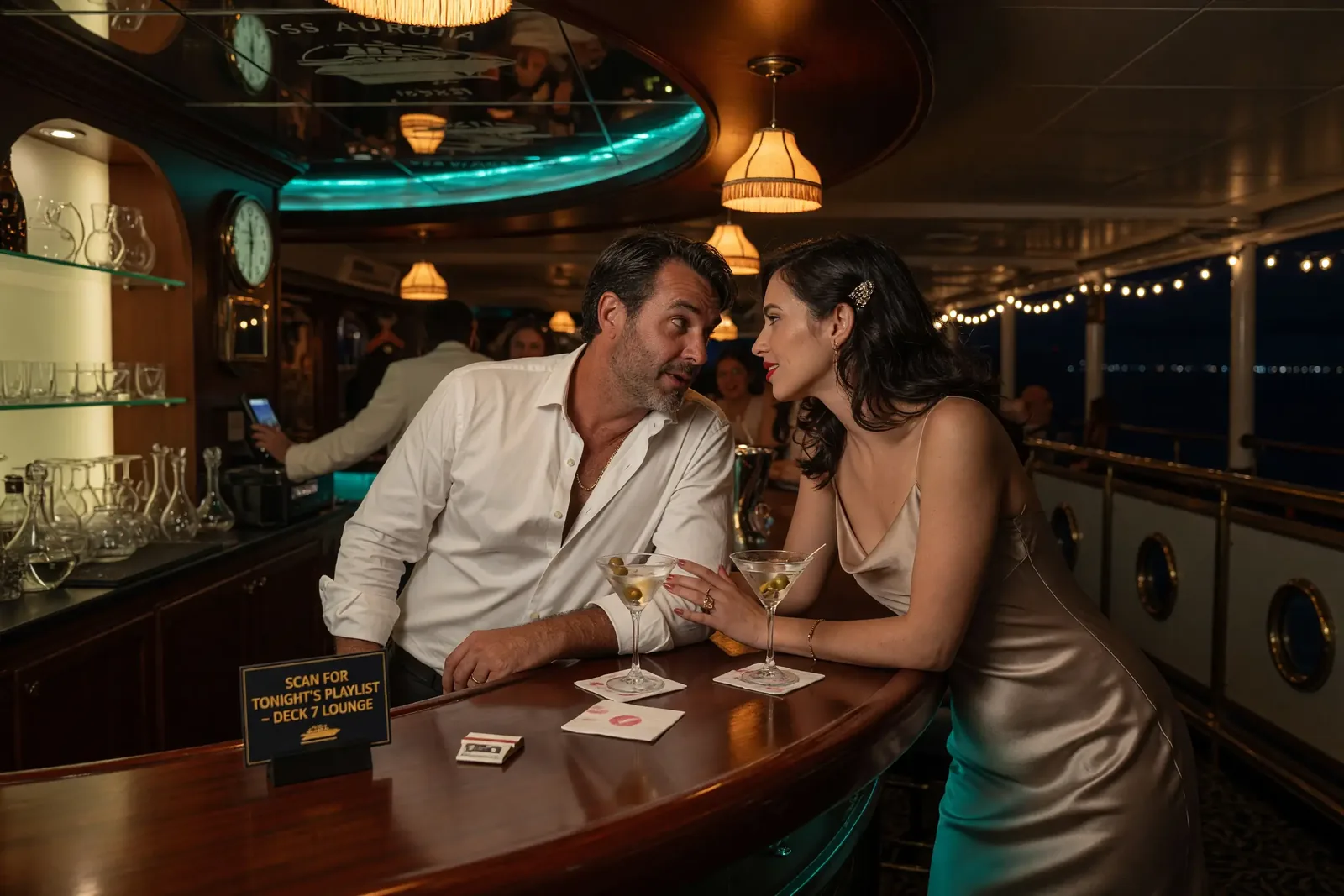 Two cruisers leaning close over martinis at a ship's cocktail bar, a QR card between their glasses