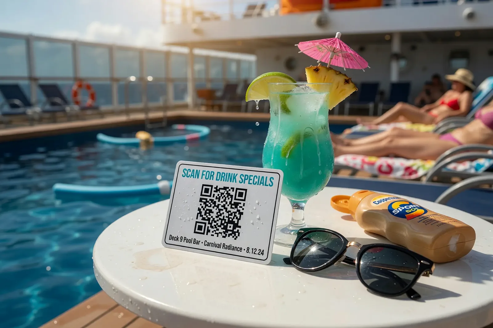 CruiseHuddle QR code card propped against a cocktail on a sunlit poolside table